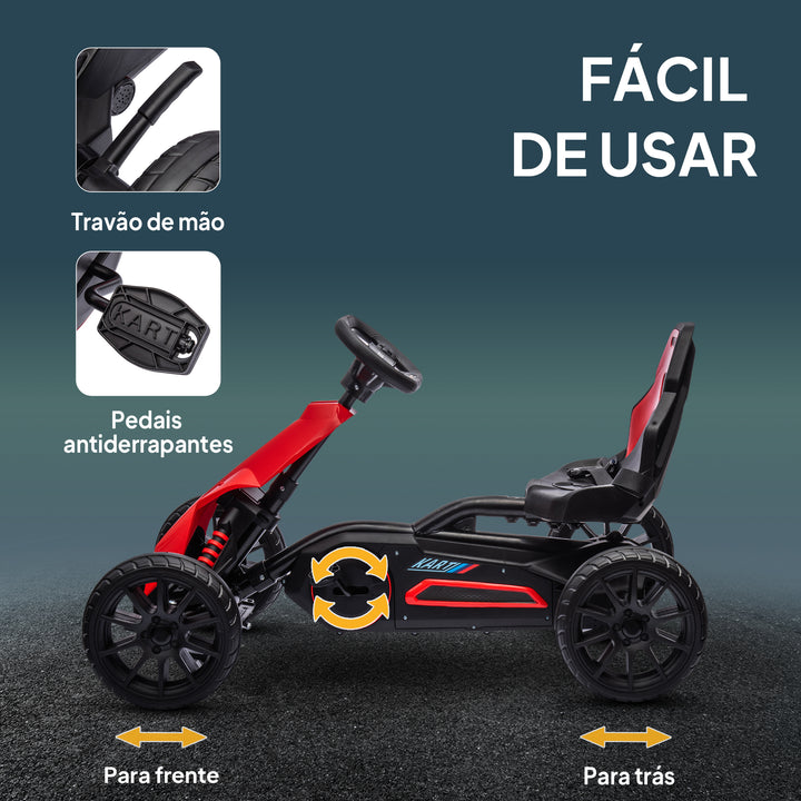 Kart a Pedais Infantil Kart a Pedais para Crianças de 3-8 Anos com Assento Ajustável em 4 Posições, Travão de Mão e Rodas de EVA Carga 30 kg 100x58x58,5 cm Vermelho