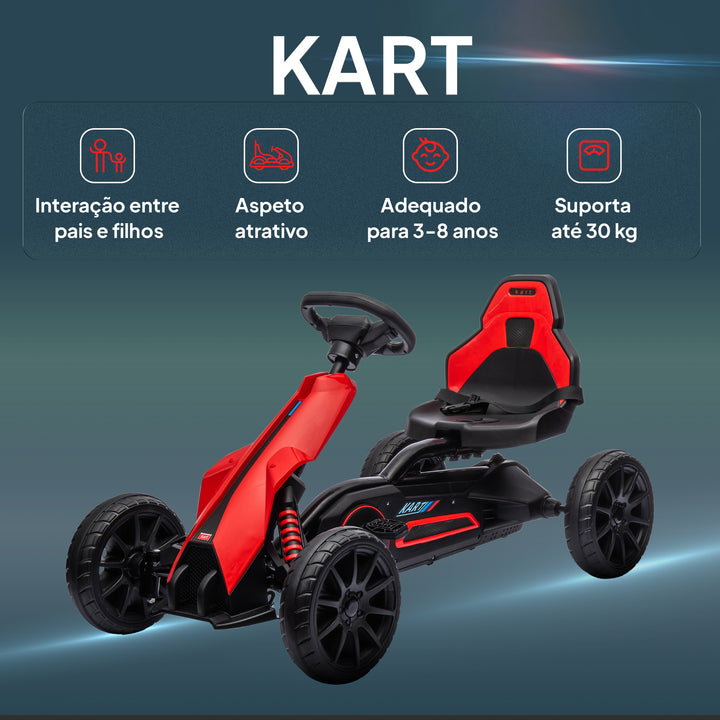 Kart a Pedais Infantil Kart a Pedais para Crianças de 3-8 Anos com Assento Ajustável em 4 Posições, Travão de Mão e Rodas de EVA Carga 30 kg 100x58x58,5 cm Vermelho