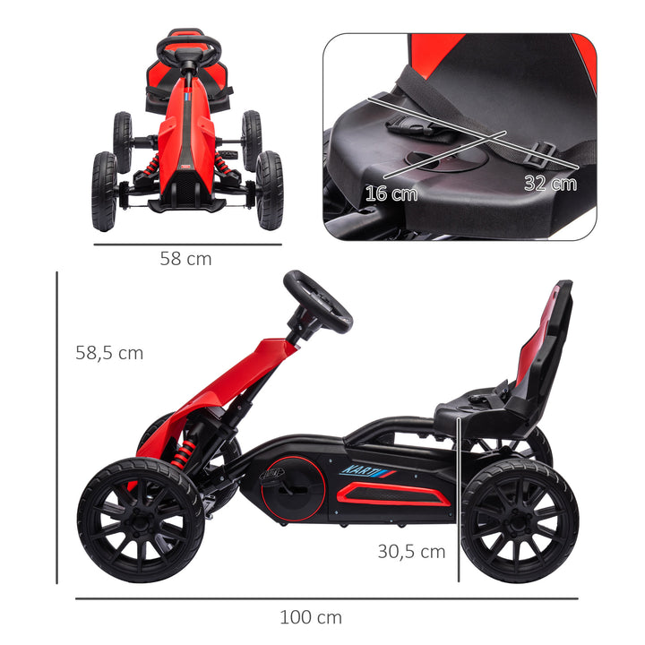 Kart a Pedais Infantil Kart a Pedais para Crianças de 3-8 Anos com Assento Ajustável em 4 Posições, Travão de Mão e Rodas de EVA Carga 30 kg 100x58x58,5 cm Vermelho