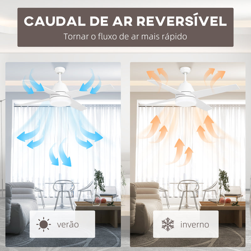 Ventoinha de Teto com Luz 46W Ø129 cm Motor DC Ventoinha de Teto Silencioso com 4 Lâminas Reversíveis Controlo Remoto 6 Velocidades e Temporizador para Quarto Sala Branco