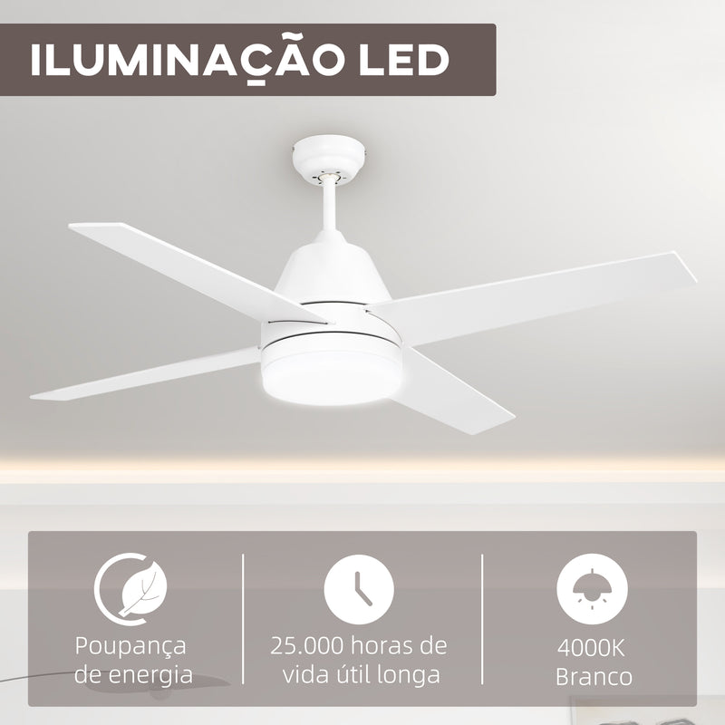 Ventoinha de Teto com Luz 46W Ø129 cm Motor DC Ventoinha de Teto Silencioso com 4 Lâminas Reversíveis Controlo Remoto 6 Velocidades e Temporizador para Quarto Sala Branco