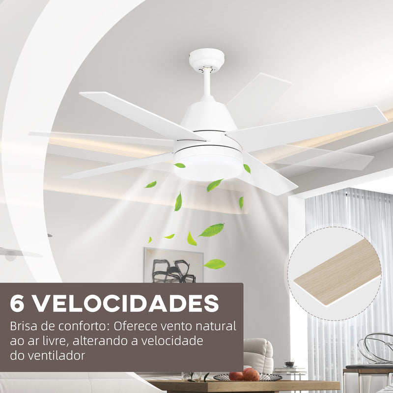 Ventoinha de Teto com Luz 46W Ø129 cm Motor DC Ventoinha de Teto Silencioso com 4 Lâminas Reversíveis Controlo Remoto 6 Velocidades e Temporizador para Quarto Sala Branco