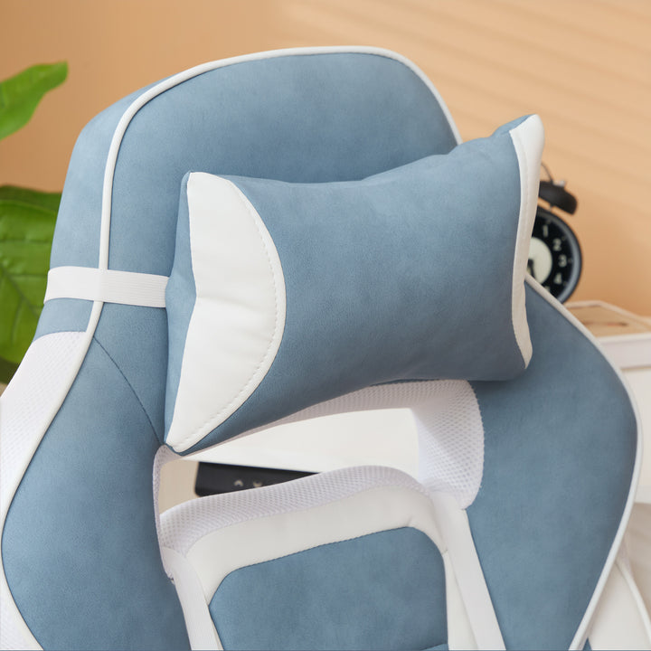 Cadeira Gaming Cadeira de Escritório Reclinável com Altura Ajustável Apoio para os Pés Retrátil Suporte Lombar e Almofada para a Cabeça Amovível 63x63x115,5-123 cm Azul Claro