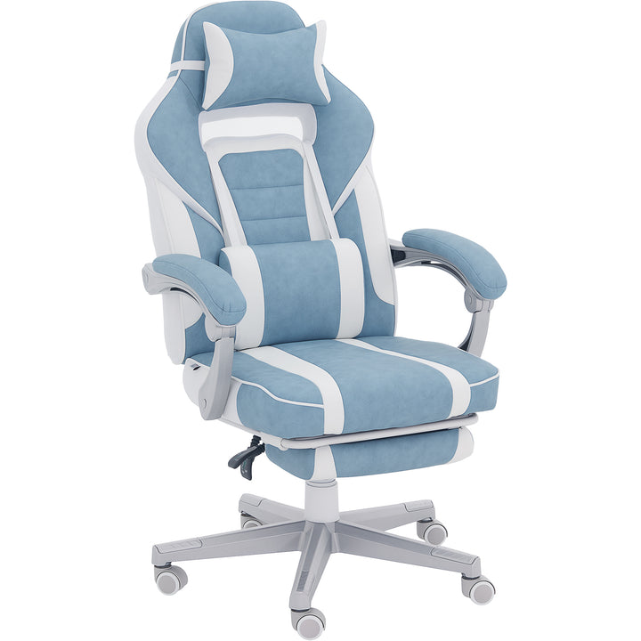 Cadeira Gaming Cadeira de Escritório Reclinável com Altura Ajustável Apoio para os Pés Retrátil Suporte Lombar e Almofada para a Cabeça Amovível 63x63x115,5-123 cm Azul Claro