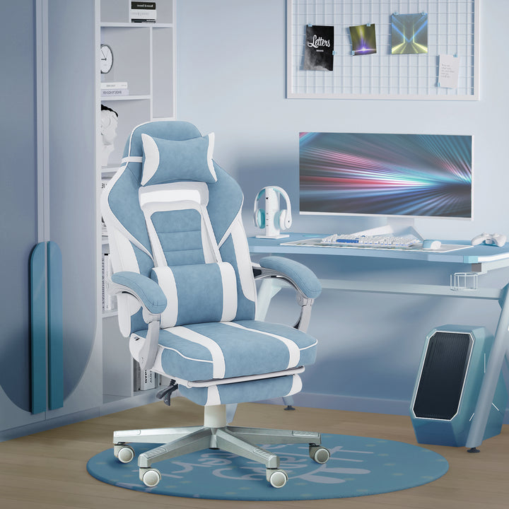 Cadeira Gaming Cadeira de Escritório Reclinável com Altura Ajustável Apoio para os Pés Retrátil Suporte Lombar e Almofada para a Cabeça Amovível 63x63x115,5-123 cm Azul Claro