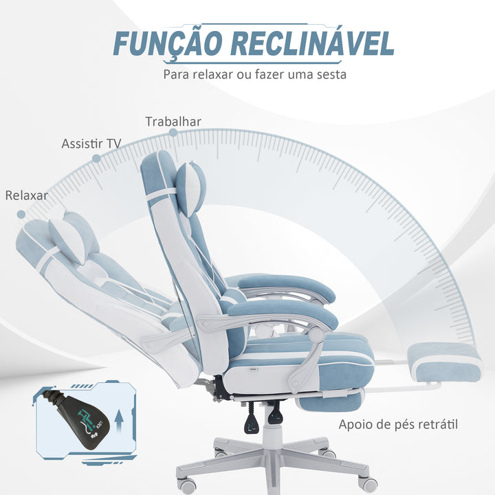 Cadeira Gaming Cadeira de Escritório Reclinável com Altura Ajustável Apoio para os Pés Retrátil Suporte Lombar e Almofada para a Cabeça Amovível 63x63x115,5-123 cm Azul Claro