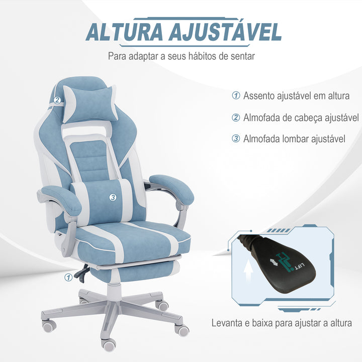 Cadeira Gaming Cadeira de Escritório Reclinável com Altura Ajustável Apoio para os Pés Retrátil Suporte Lombar e Almofada para a Cabeça Amovível 63x63x115,5-123 cm Azul Claro