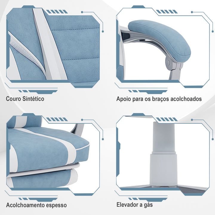 Cadeira Gaming Cadeira de Escritório Reclinável com Altura Ajustável Apoio para os Pés Retrátil Suporte Lombar e Almofada para a Cabeça Amovível 63x63x115,5-123 cm Azul Claro