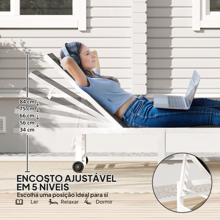 Espreguiçadeira Reclinável de Jardim com Rodas Espreguiçadeira de Exterior Encosto Ajustável em 5 Níveis e Estrutura de Aço Suporta até 120 kg para Pátio Varanda 166x60x84 cm Cinzento