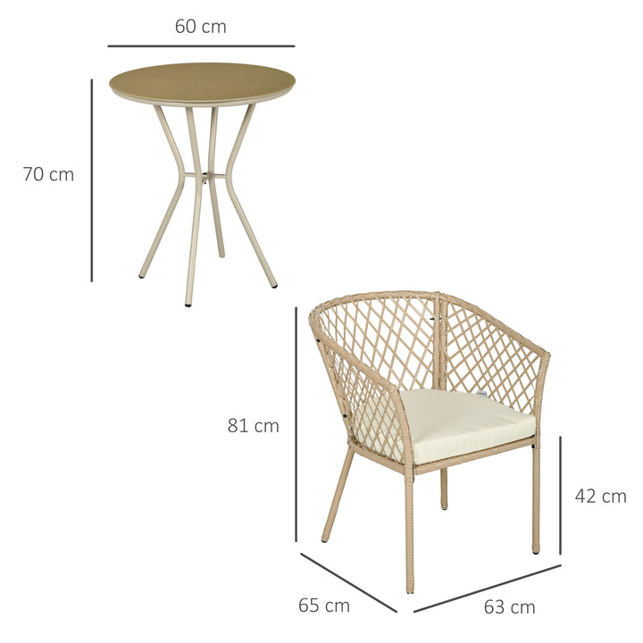 Conjunto 3 Peças de Jardim em Vime Conjunto com 2 Poltronas e 1 Mesa de Centro Redonda com Tampo de Vidro Temperado para Terraço Pátio Natural e Caqui