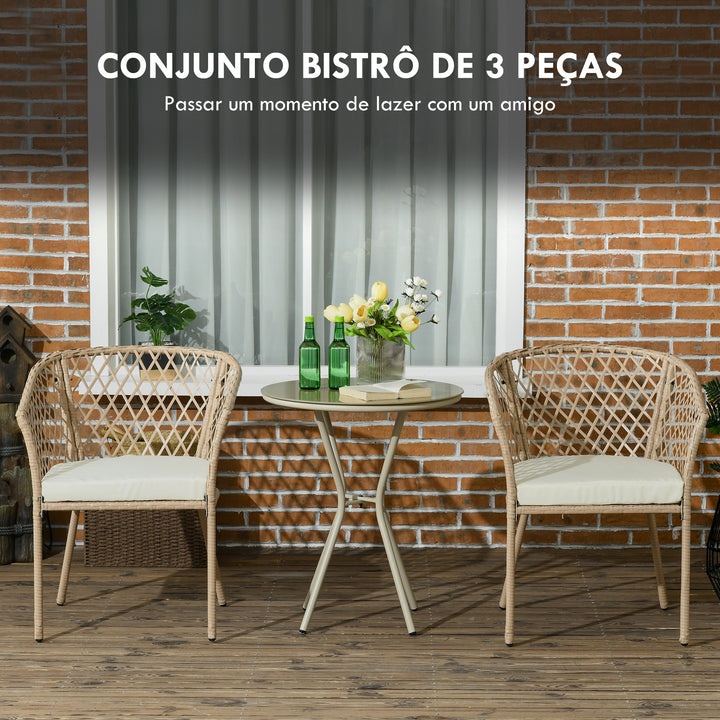 Conjunto 3 Peças de Jardim em Vime Conjunto com 2 Poltronas e 1 Mesa de Centro Redonda com Tampo de Vidro Temperado para Terraço Pátio Natural e Caqui