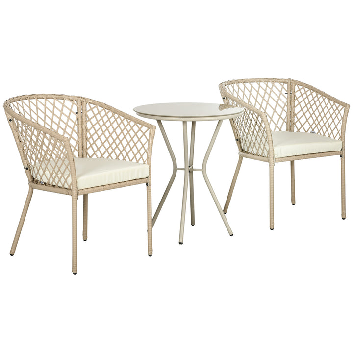 Conjunto 3 Peças de Jardim em Vime Conjunto com 2 Poltronas e 1 Mesa de Centro Redonda com Tampo de Vidro Temperado para Terraço Pátio Natural e Caqui