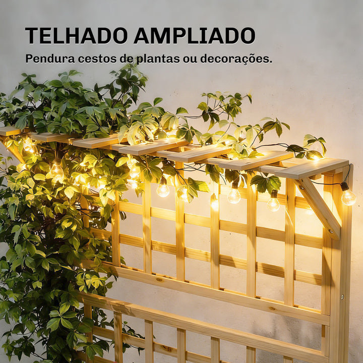 Jardineira com Treliça e Teto em Madeira, Jardineira Exterior Grande para Plantas Trepadeiras, com 2 Prateleiras, Drenagem e Forro, Floreira Elevada para Pátio, Terraço, 76x43,5x177 cm, Natural
