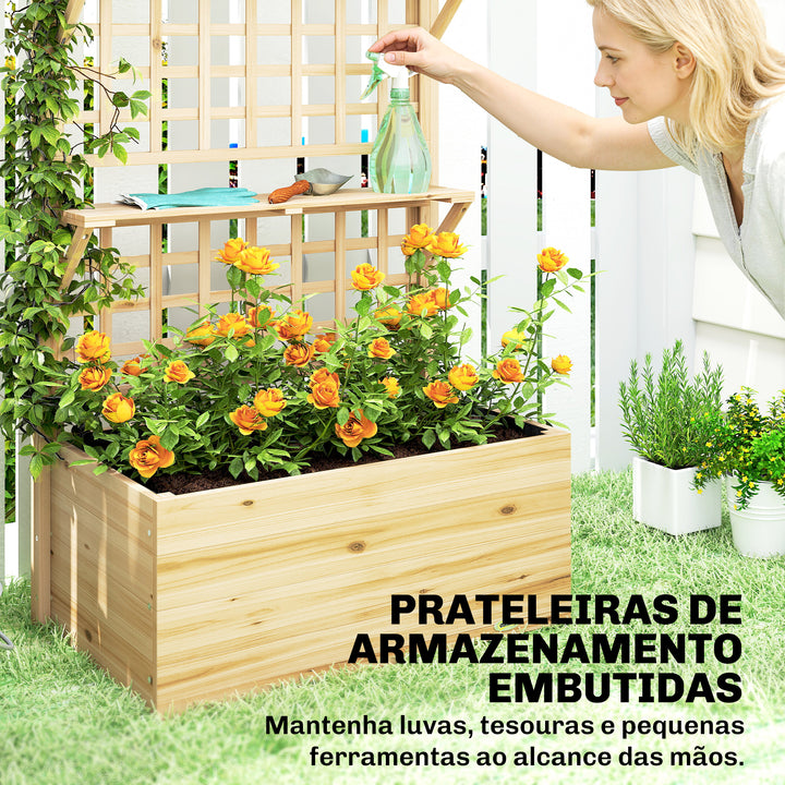 Jardineira com Treliça e Teto em Madeira, Jardineira Exterior Grande para Plantas Trepadeiras, com 2 Prateleiras, Drenagem e Forro, Floreira Elevada para Pátio, Terraço, 76x43,5x177 cm, Natural