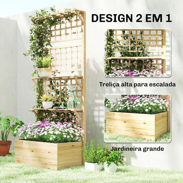 Jardineira com Treliça e Teto em Madeira, Jardineira Exterior Grande para Plantas Trepadeiras, com 2 Prateleiras, Drenagem e Forro, Floreira Elevada para Pátio, Terraço, 76x43,5x177 cm, Natural