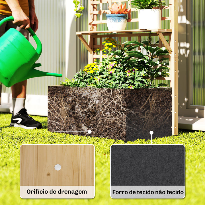 Jardineira com Treliça e Teto em Madeira, Jardineira Exterior Grande para Plantas Trepadeiras, com 2 Prateleiras, Drenagem e Forro, Floreira Elevada para Pátio, Terraço, 76x43,5x177 cm, Natural
