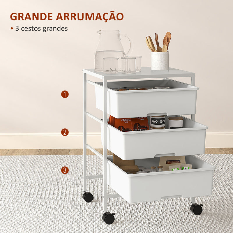 Carrinho Auxiliar com Rodas Carrinho de Cozinha de 3 Níveis com 3 Cestos para Armazenamento e Estrutura de Aço para Sala de Jantar Banheiro 40,8x33,5x60,5 cm Branco