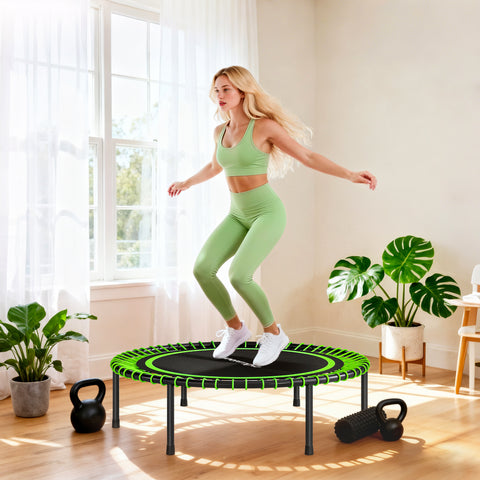 Trampolim de Fitness Adultos Ø114 cm com Estrutura de Aço Reforçada para Treino de Pernas Corpo em Casa Escritório Ginásio Verde e Preto