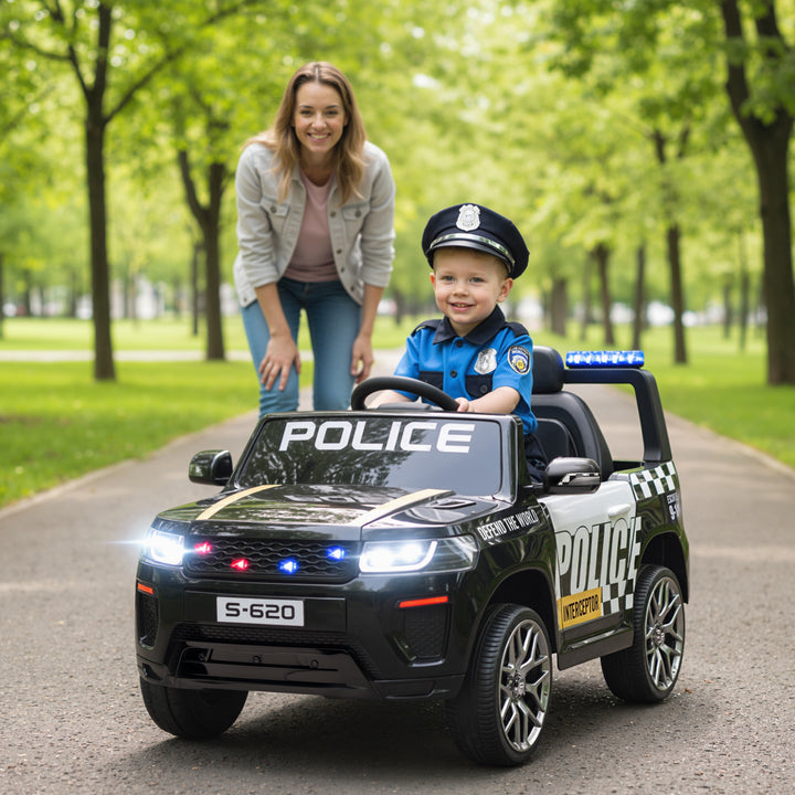 Carro Elétrico para Crianças de Polícia Carro a Bateria 12V com Motor Duplo Controlo Remoto 2,4 G Suspensão em 4 Rodas Sirene Faróis LED Porta USB Bluetooth e Música Preto
