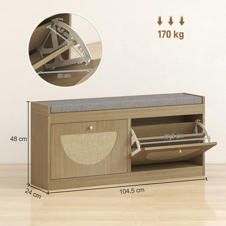 Banco Sapateira Banco de Entrada Boémio com Assento Acolchoado Portas Frentes de Vime Prateleira Ajustável para 8 Pares de Sapatos 105x35x47 cm Madeira