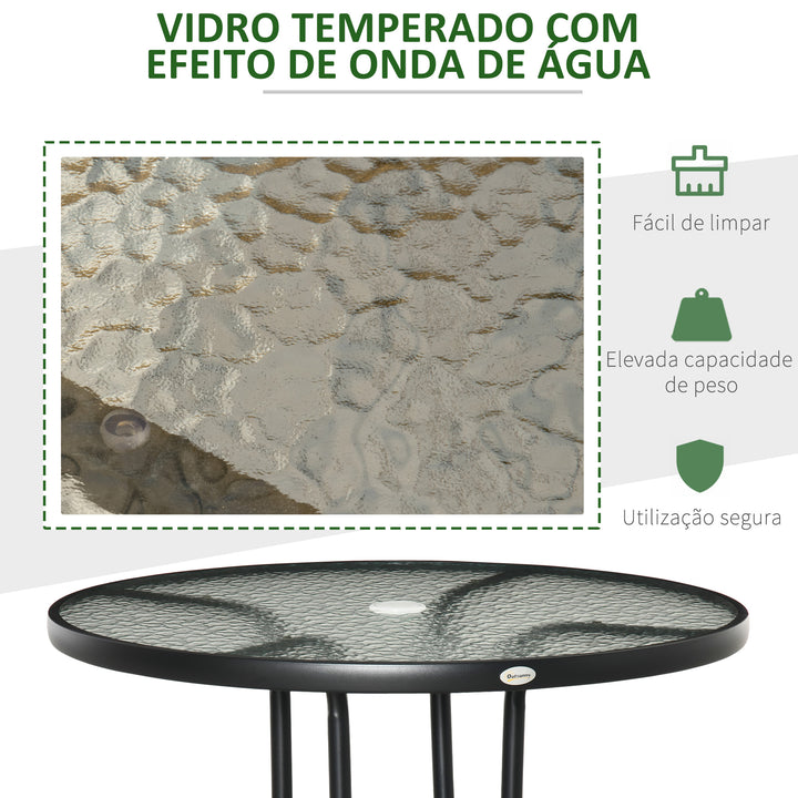 Mesa de Jardim Redonda Mesa de Exterior Ø80x72 cm com Orifício para Chapéu de Sol e Tampo de Vidro Temperado para Pátio Terraço Preto