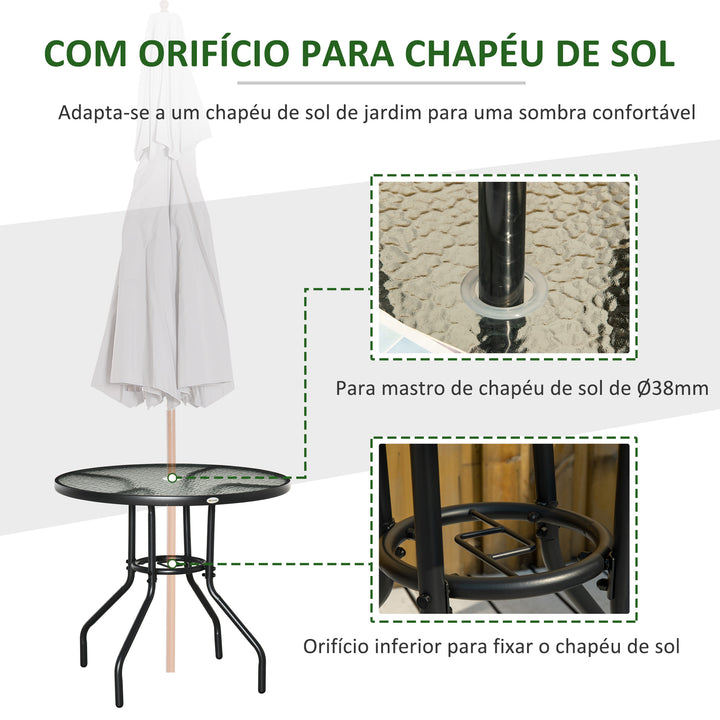 Mesa de Jardim Redonda Mesa de Exterior Ø80x72 cm com Orifício para Chapéu de Sol e Tampo de Vidro Temperado para Pátio Terraço Preto