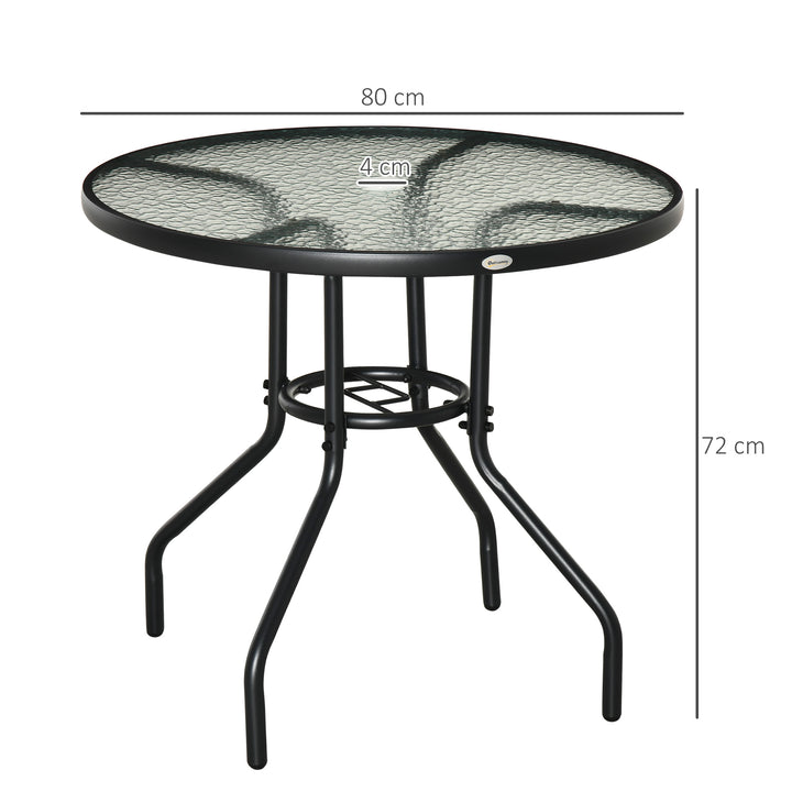 Mesa de Jardim Redonda Mesa de Exterior Ø80x72 cm com Orifício para Chapéu de Sol e Tampo de Vidro Temperado para Pátio Terraço Preto