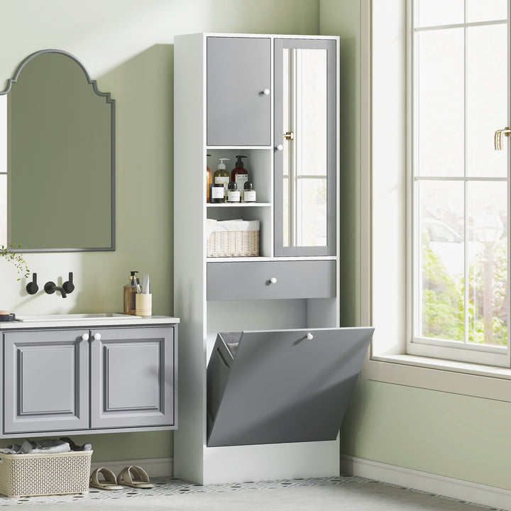 Armário de Casa de Banho com Cesto para Roupa Suja Armário Alto de Casa de Banho Estreito com Espelho Gaveta Compartimentos Abertos e Prateleiras Ajustáveis 62x28,3x181 cm Branco e Cinza