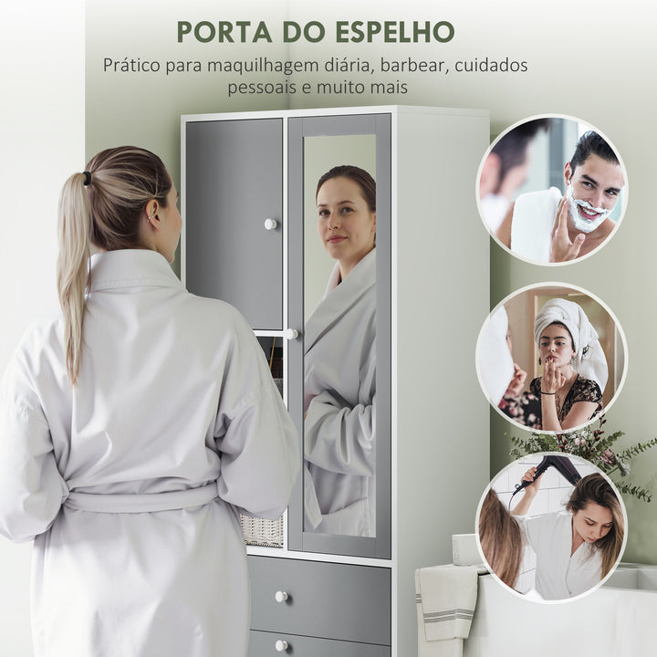 Armário de Casa de Banho com Cesto para Roupa Suja Armário Alto de Casa de Banho Estreito com Espelho Gaveta Compartimentos Abertos e Prateleiras Ajustáveis 62x28,3x181 cm Branco e Cinza