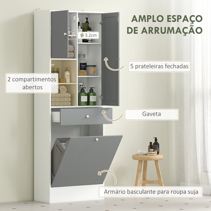 Armário de Casa de Banho com Cesto para Roupa Suja Armário Alto de Casa de Banho Estreito com Espelho Gaveta Compartimentos Abertos e Prateleiras Ajustáveis 62x28,3x181 cm Branco e Cinza