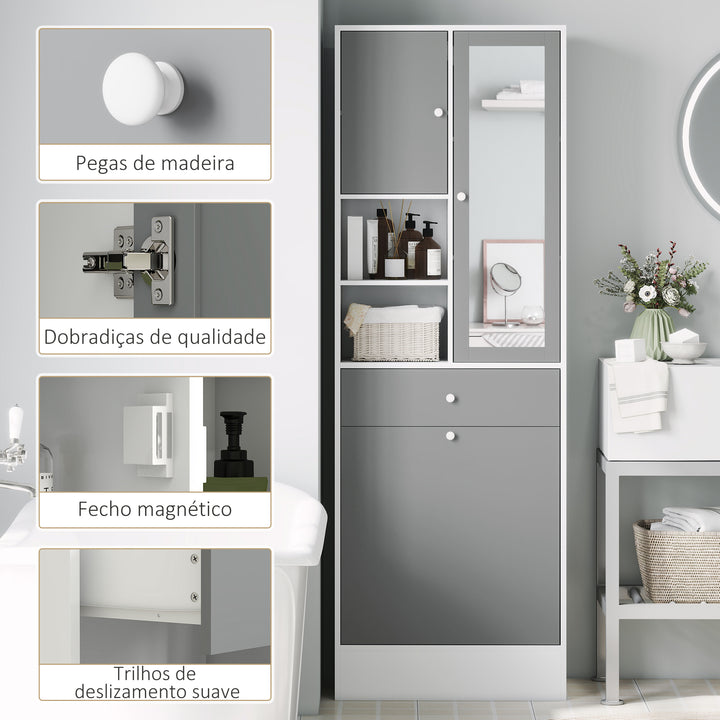 Armário de Casa de Banho com Cesto para Roupa Suja Armário Alto de Casa de Banho Estreito com Espelho Gaveta Compartimentos Abertos e Prateleiras Ajustáveis 62x28,3x181 cm Branco e Cinza