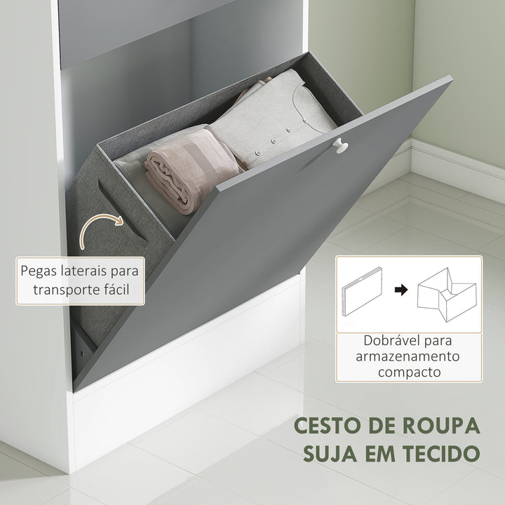 Armário de Casa de Banho com Cesto para Roupa Suja Armário Alto de Casa de Banho Estreito com Espelho Gaveta Compartimentos Abertos e Prateleiras Ajustáveis 62x28,3x181 cm Branco e Cinza