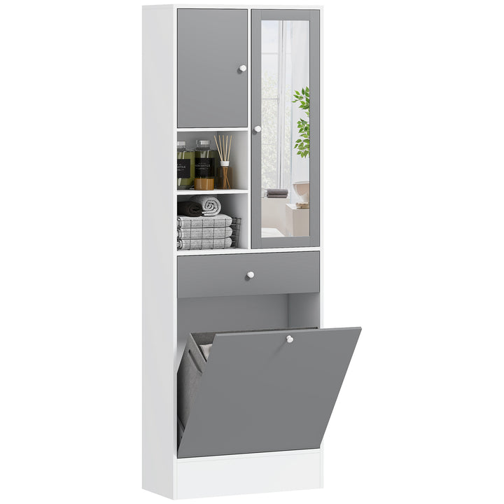 Armário de Casa de Banho com Cesto para Roupa Suja Armário Alto de Casa de Banho Estreito com Espelho Gaveta Compartimentos Abertos e Prateleiras Ajustáveis 62x28,3x181 cm Branco e Cinza