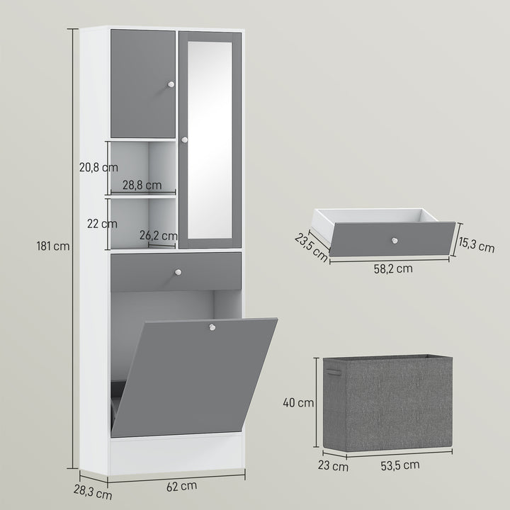 Armário de Casa de Banho com Cesto para Roupa Suja Armário Alto de Casa de Banho Estreito com Espelho Gaveta Compartimentos Abertos e Prateleiras Ajustáveis 62x28,3x181 cm Branco e Cinza