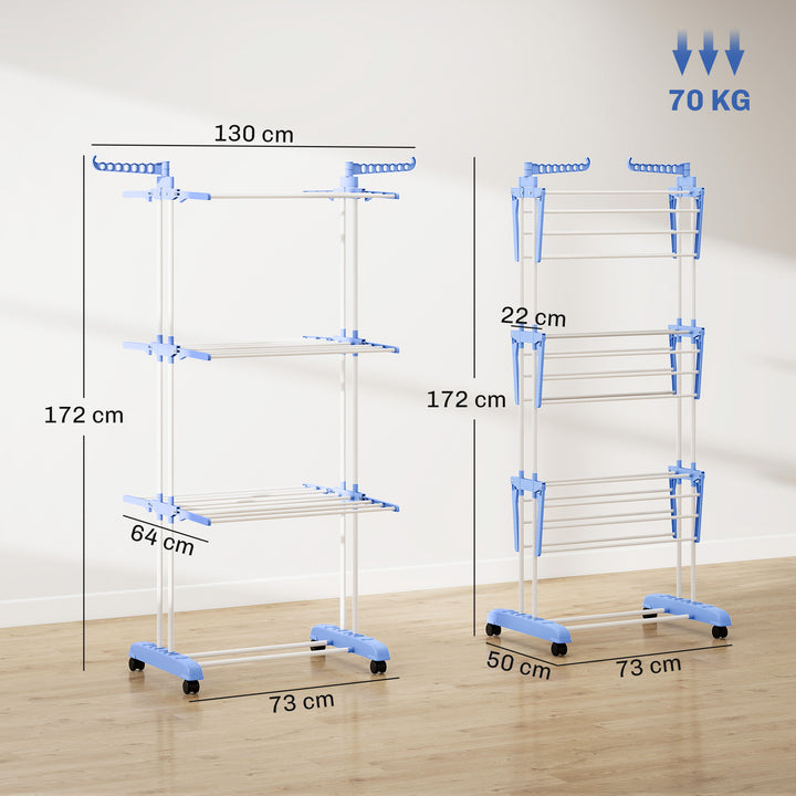 Estendal Dobrável para Roupa com Rodas Estendal Vertical de Aço com 3 Níveis Laterais Dobráveis Carga Máxima 70kg 73x64x177cm Azul e Branco