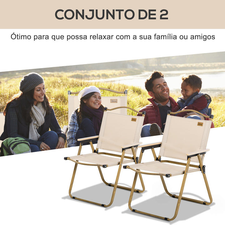 Conjunto de 2 Cadeiras Dobráveis de Campismo Cadeiras Portáteis com Apoios de Braços e Estrutura de Aço Cadeiras para Pesca Jardim Terraço 54x59x78 cm Cáqui