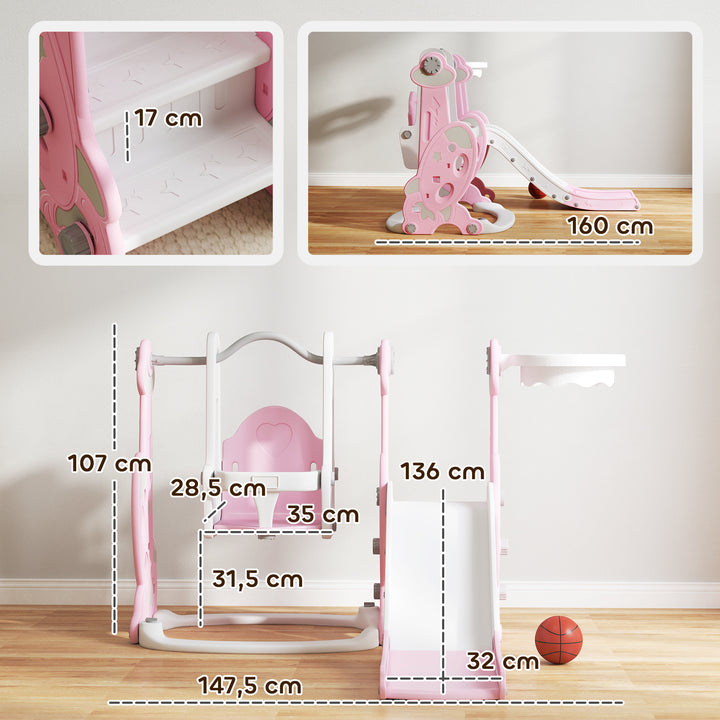Escorrega Infantil 4 em 1 Parque Infantil com Baloiço e Escorrega Escalador Cesto de Basquetebol Temática de Foguete para Interior 147,5x160x107 cm Rosa