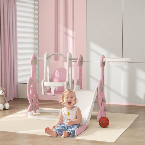 Escorrega Infantil 4 em 1 Parque Infantil com Baloiço e Escorrega Escalador Cesto de Basquetebol Temática de Foguete para Interior 147,5x160x107 cm Rosa