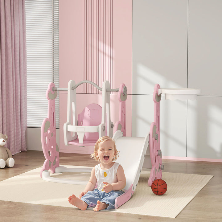 Escorrega Infantil 4 em 1 Parque Infantil com Baloiço e Escorrega Escalador Cesto de Basquetebol Temática de Foguete para Interior 147,5x160x107 cm Rosa