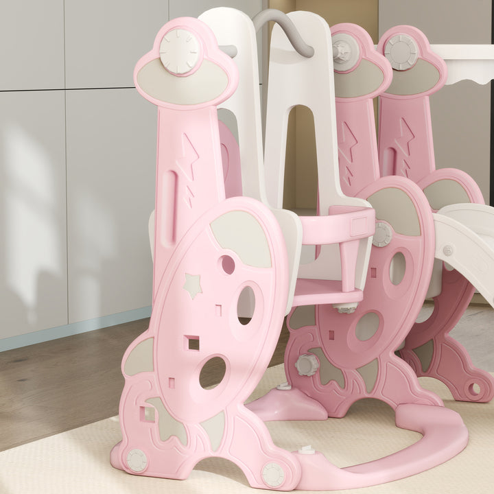 Escorrega Infantil 4 em 1 Parque Infantil com Baloiço e Escorrega Escalador Cesto de Basquetebol Temática de Foguete para Interior 147,5x160x107 cm Rosa