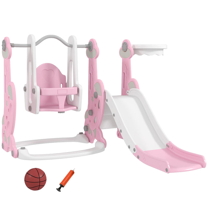 Escorrega Infantil 4 em 1 Parque Infantil com Baloiço e Escorrega Escalador Cesto de Basquetebol Temática de Foguete para Interior 147,5x160x107 cm Rosa