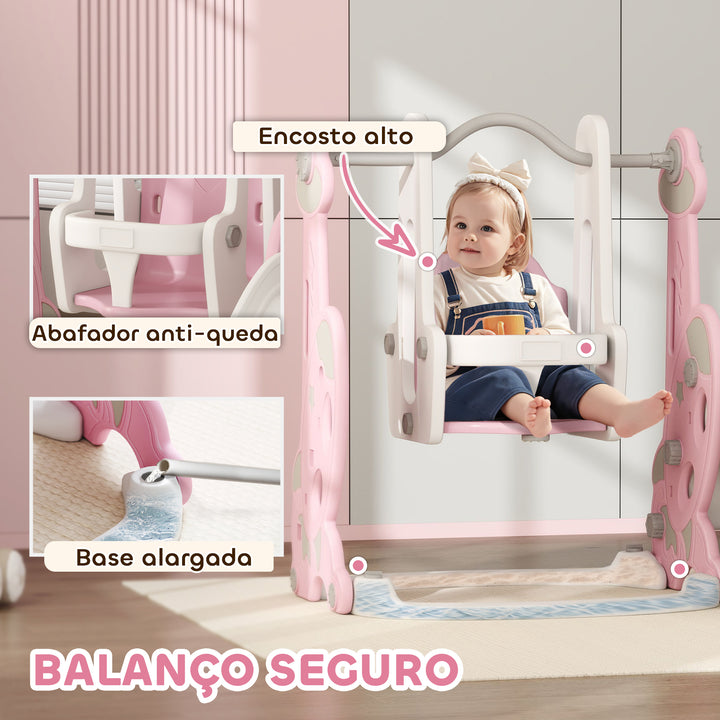 Escorrega Infantil 4 em 1 Parque Infantil com Baloiço e Escorrega Escalador Cesto de Basquetebol Temática de Foguete para Interior 147,5x160x107 cm Rosa