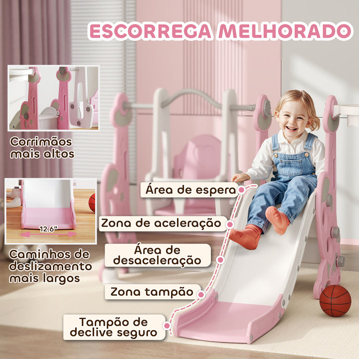 Escorrega Infantil 4 em 1 Parque Infantil com Baloiço e Escorrega Escalador Cesto de Basquetebol Temática de Foguete para Interior 147,5x160x107 cm Rosa