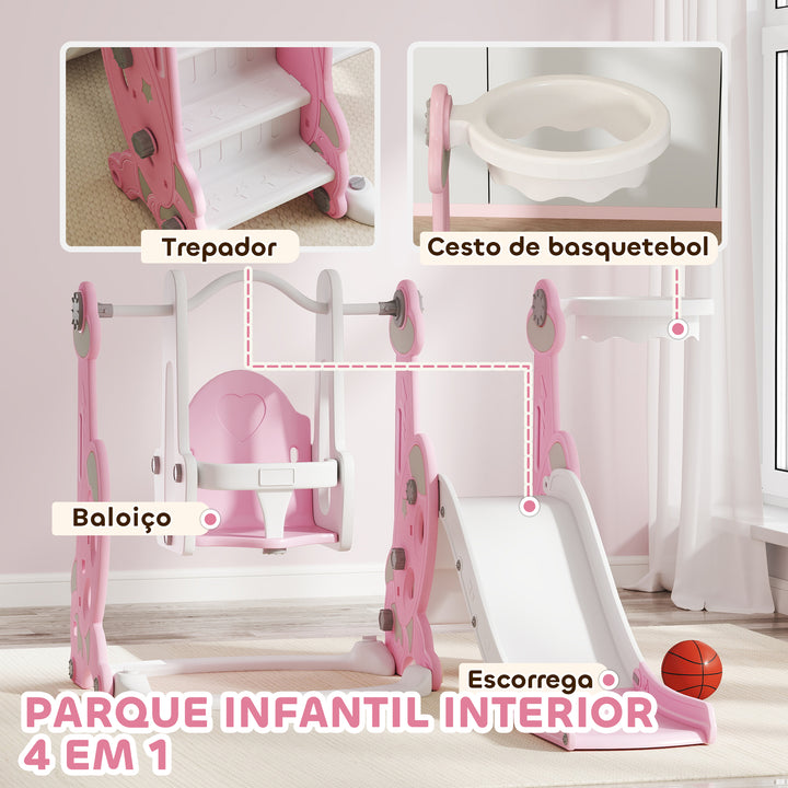 Escorrega Infantil 4 em 1 Parque Infantil com Baloiço e Escorrega Escalador Cesto de Basquetebol Temática de Foguete para Interior 147,5x160x107 cm Rosa