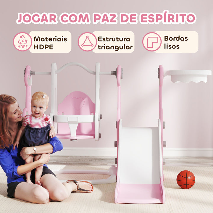 Escorrega Infantil 4 em 1 Parque Infantil com Baloiço e Escorrega Escalador Cesto de Basquetebol Temática de Foguete para Interior 147,5x160x107 cm Rosa