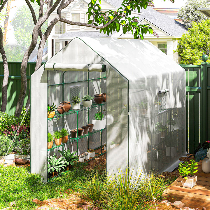 Estufa de Jardim de 3 Níveis Estufa de Exterior com 12 Prateleiras Porta Enrolável Janelas Anti-UV Cobertura de PE 135g/m² para Cultivos Plantas Flores 140x213x190 cm Branco