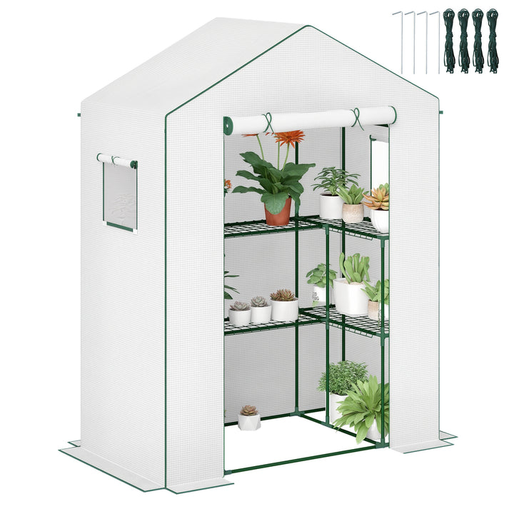 Estufa de Jardim Estufa com 1 Porta 2 Janelas e Prateleiras de 2 Níveis em Forma de U para Cultivo de Plantas em Varanda Pátio 140x73x190 cm Branco