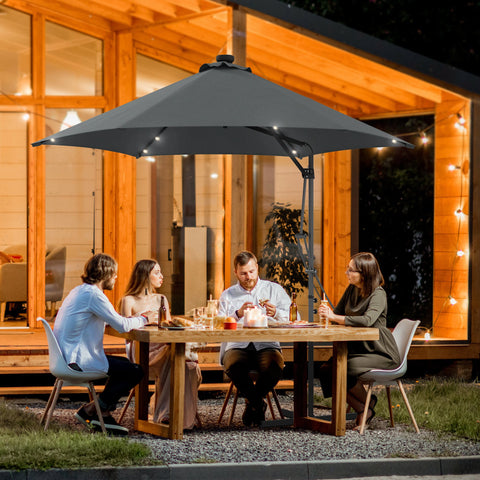Chapéu de Sol Excêntrico de 3 m com Luzes LED Chapéu de Sol de Jardim com Manivela e Base em Cruz para Exterior Pátio Terraço Cinza Escuro