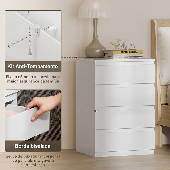 Cómoda com 4 Gavetas com Fecho Suave Cómoda para Quarto Sala de Estar Escritório Estilo Moderno 45x40x68 cm Branco