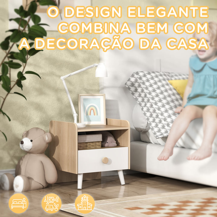 Mesa de Cabeceira Infantil de Madeira Mesa de Cabeceira para Crianças acima de 3 Anos com Gaveta Bordas Redondas para Dormitório 40x32,5x40 cm Branco e Madeira